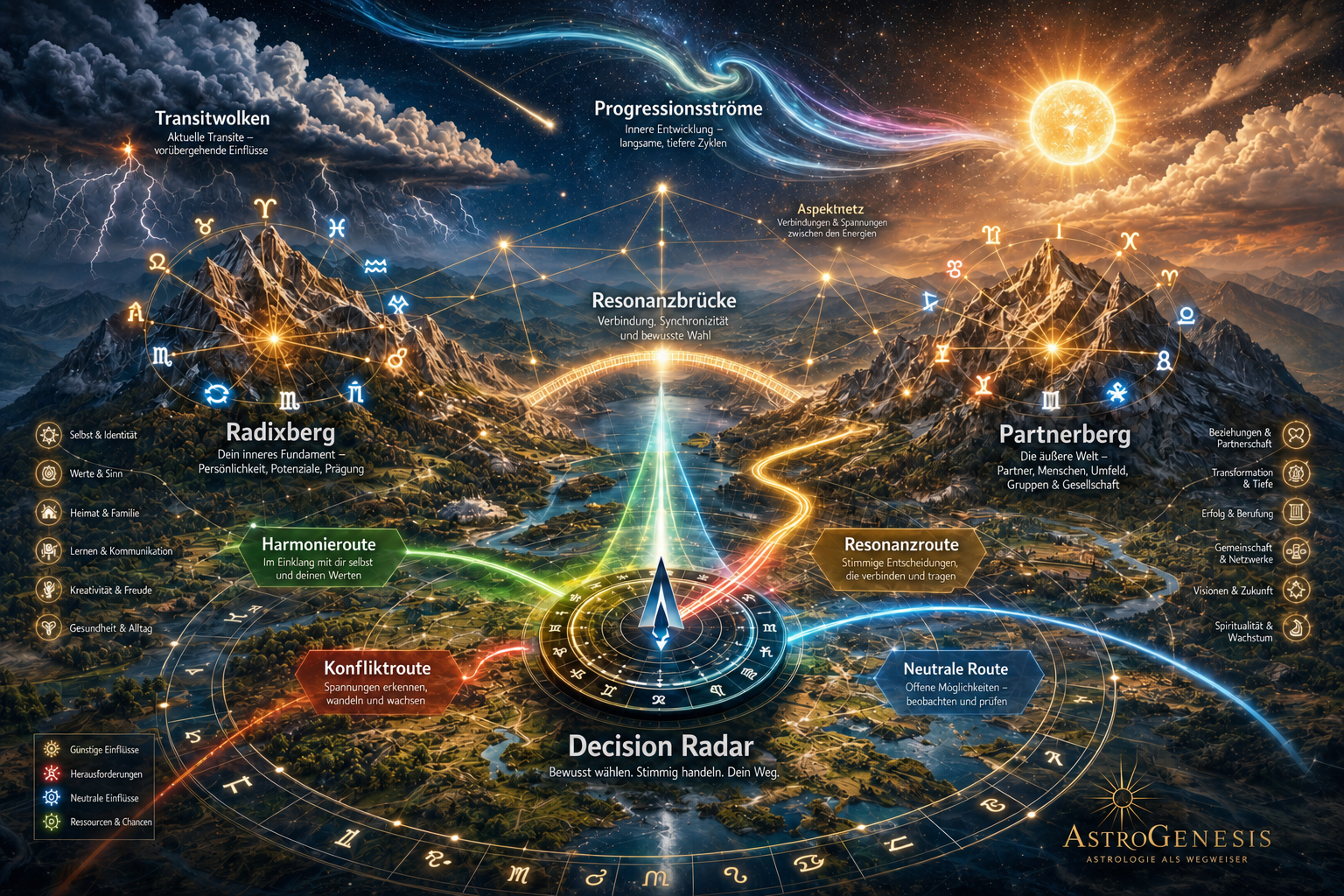 Statische Astrogenesis Decision-Radar-Landschaft mit Radixberg, Partnerberg, Resonanzbrücke und farbigen Routen.
